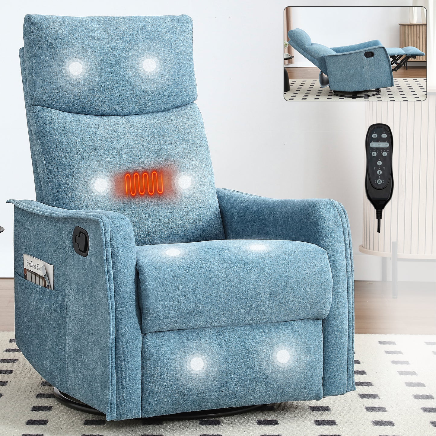Manual Massage Recliner Chair with 360 Swivel, Rocker, Heat & Massage, Fabric for Living Room Blue