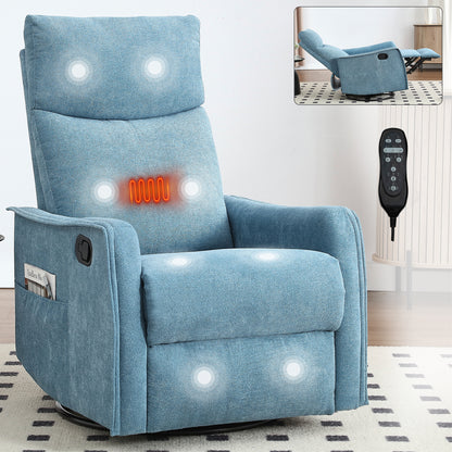 Manual Massage Recliner Chair with 360 Swivel, Rocker, Heat & Massage, Fabric for Living Room Blue