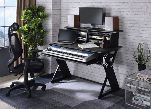 Sleek Black Music Creation Desk with Storage Solutions
