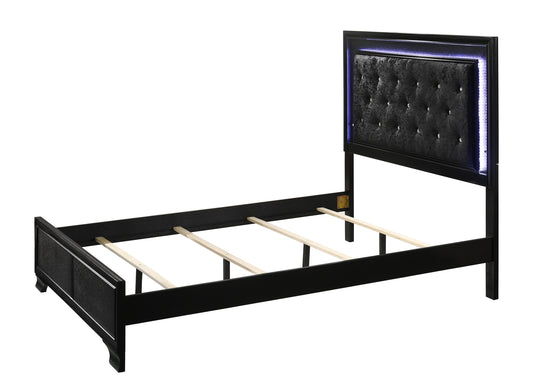 Contemporary LED Queen Size Bed with Faux Diamond Tufting and Black Upholstered Finish