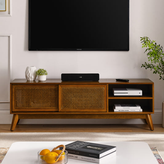 59-Inch TV Stand for 65-Inch TVs, Mid-Century Modern TV Console with Rattan Cabinet, Light Wood