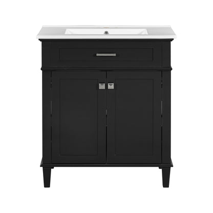 30-Inch Black Bathroom Vanity with Ceramic Sink, Soft-Close Doors, and Adjustable Storage Shelves