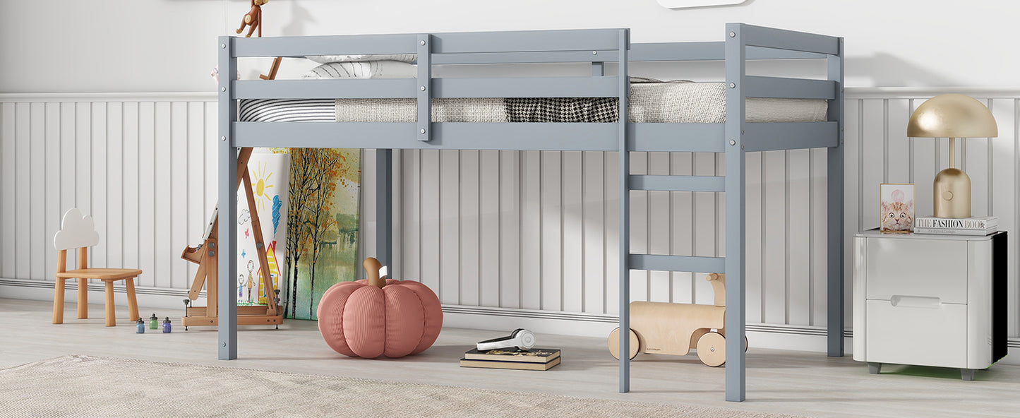 Grey Solid Rubber Wood Twin Loft Bed with Ladder and Sturdy Slat Support
