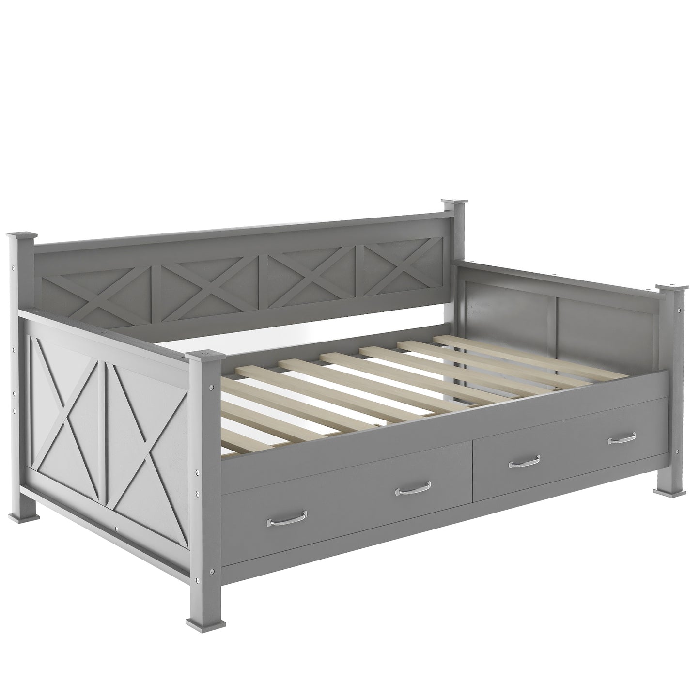 Elegant Twin Size Daybed with Spacious Drawers, X-Frame Design, Modern Rustic Appeal in Gray