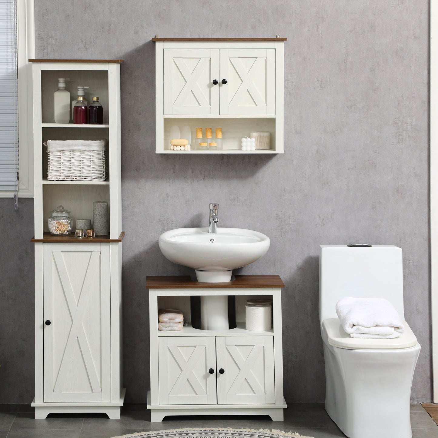 Farmhouse Style Under Sink Cabinet with Double Doors and Shelves for Bathroom Storage - White