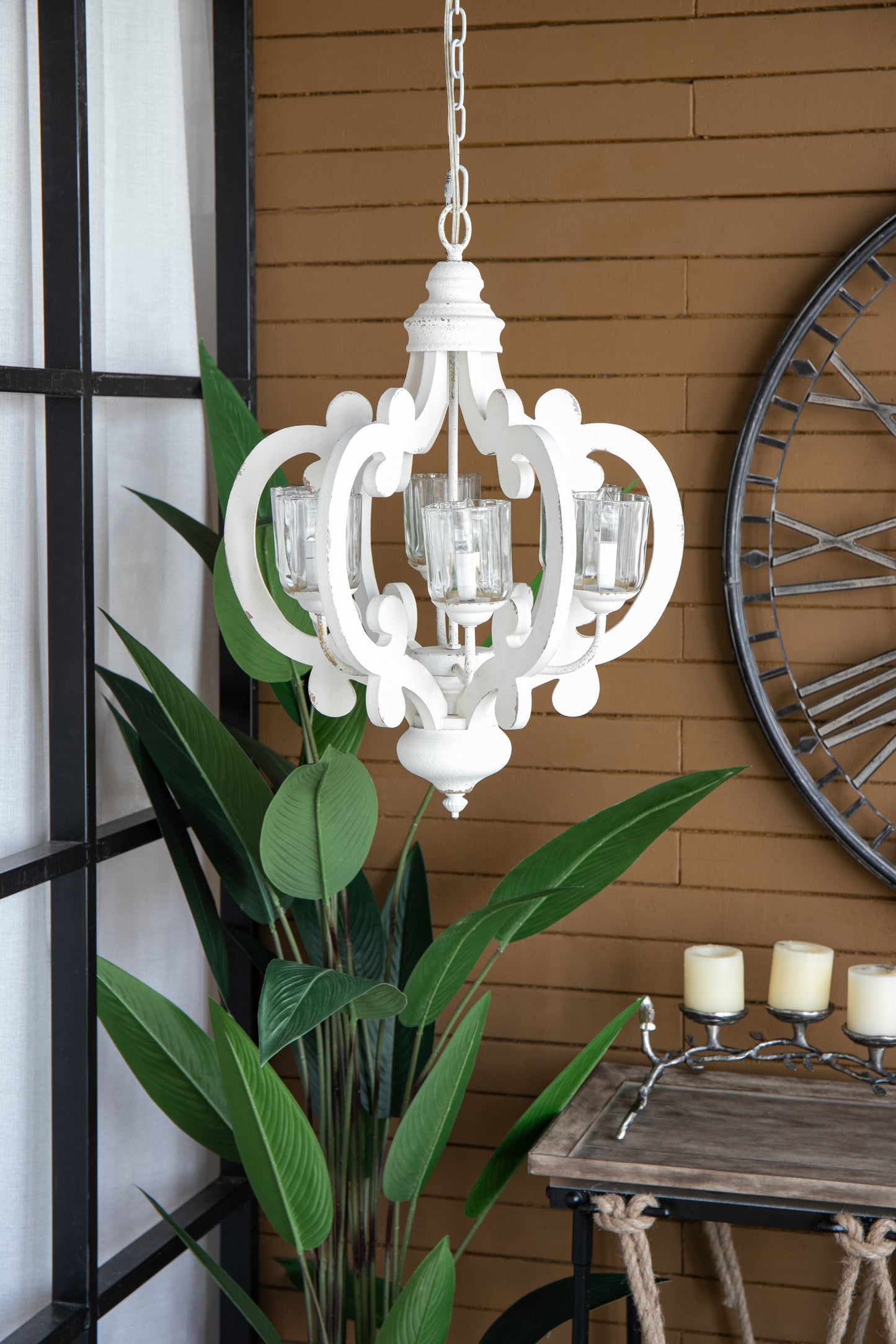 Farmhouse 6-Light Wood Chandelier Pendant with Adjustable Chain for Dining Room and Entryway Cream Finish