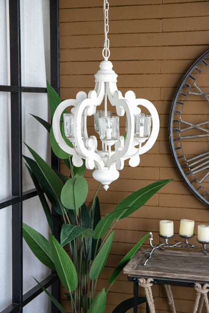 Farmhouse 6-Light Wood Chandelier Pendant with Adjustable Chain for Dining Room and Entryway Cream Finish