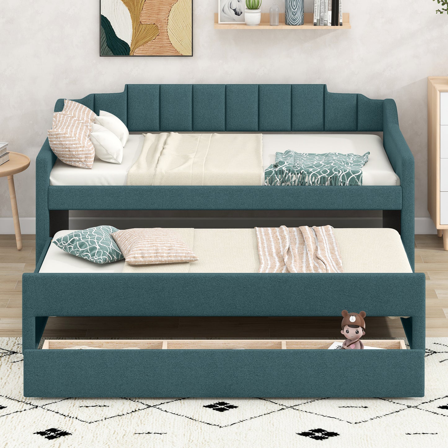Green Twin Size Upholstered Daybed with Trundle and Storage Drawers
