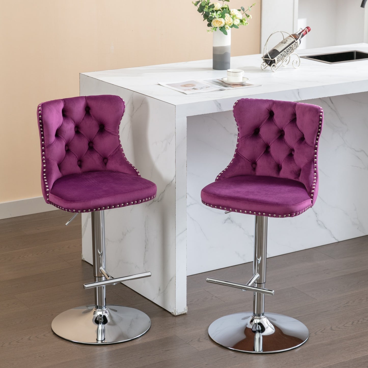 Purple Velvet Swivel Bar Stools Adjustable 25-33 Set Of 2
