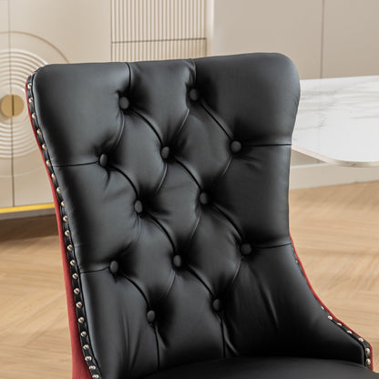 Modern Tufted Solid Wood Dining Chairs, PU & Velvet, Wood Legs, Set of 2, Black + Burgundy