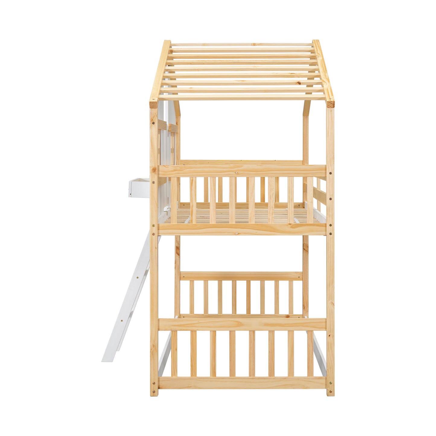 Twin House Bunk Bed for Kids with Roof, Windows, and Safety Features - Natural/White Finish