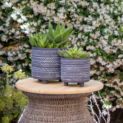 Ceramic Planter Set of 2, Footed Pots 6x6x6 and 8x8x8 No Drainage Holes Indoor/Outdoor Tribal Style Black