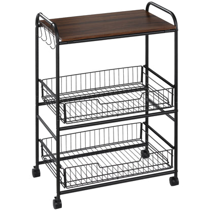 Walnut 3 Tier Rolling Kitchen Island Cart With Baskets