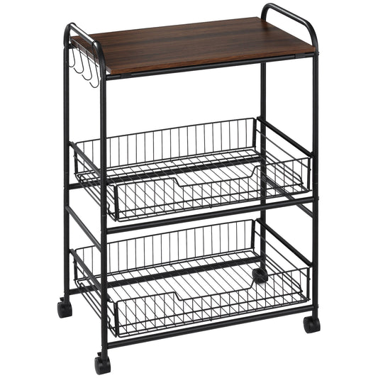 Walnut 3 Tier Rolling Kitchen Island Cart With Baskets