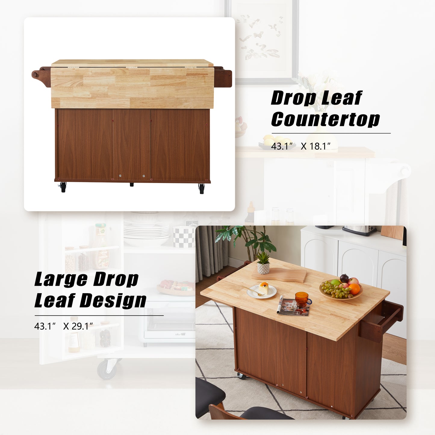 Rolling Kitchen Island Cart with Drop Leaf Tabletop and Storage, Retro Brown Barn Door Design on Wheels