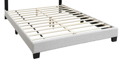 Elegant White Queen Size Platform Bed with Floral Headboard and LED Lighting