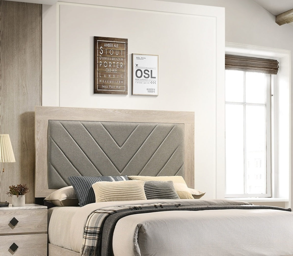 Elegant Cream California King Bed with Gray V-Design Headboard - Premium Rubberwood Frame