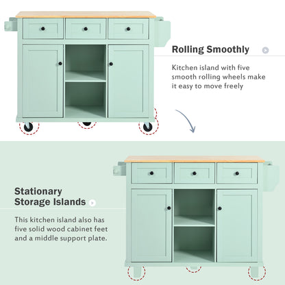 Mint Green Kitchen Island Cart with Drop-Leaf Rubberwood Top, Storage Cabinet, and 3 Drawers on Wheels