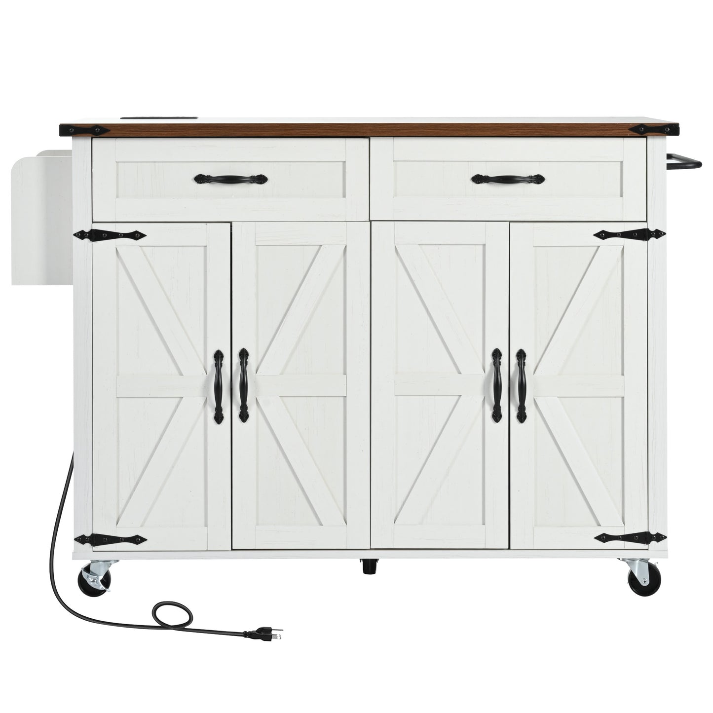 Farmhouse Rolling Kitchen Island with Power Outlet, Drop Leaf, Spice Rack, and Storage Drawers - 53.5'' White Cart for Kitchen and Dining Room