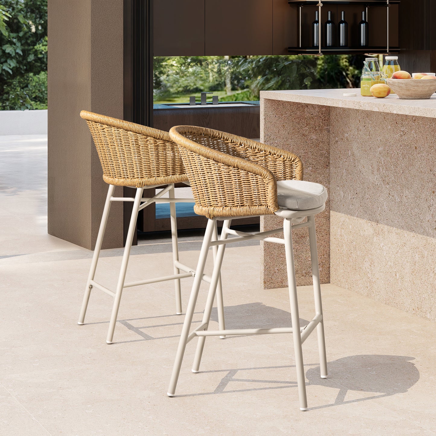 Outdoor Bar Stool Set Of 2 With Wicker Back, 28 Inch Height, Olefin Cushions, Weather Resistant Frame Beige
