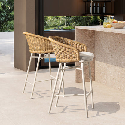 Outdoor Bar Stool Set Of 2 With Wicker Back, 28 Inch Height, Olefin Cushions, Weather Resistant Frame Beige