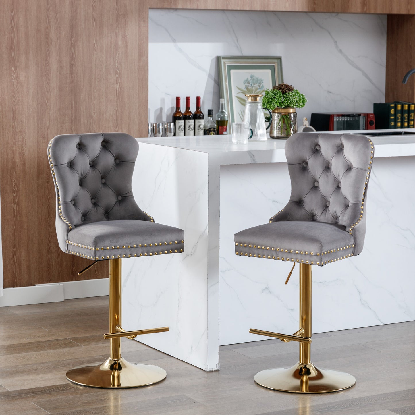 A&A Furniture Velvet Bar Stools Set Of 2 Adjustable Gray