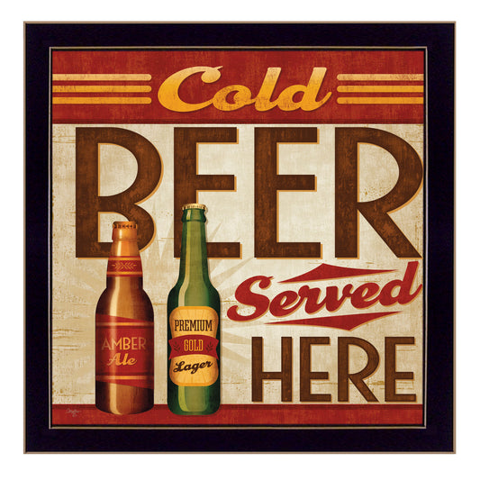 14 x 14 Inch Ready-To-Hang Framed Poster: Cold Beer Served Here Wall Art for Home Bar Decor Black