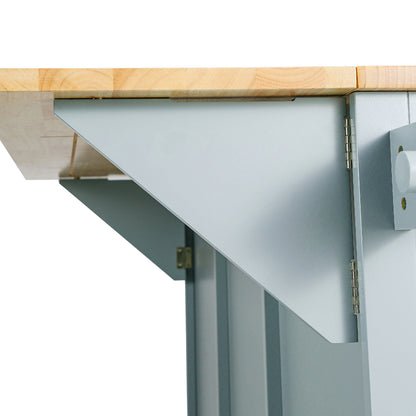 Multi-Functional Kitchen Island Cart with Rubber Wood Drop-Leaf Top, Storage Drawers, and Adjustable Shelving in Grey Blue