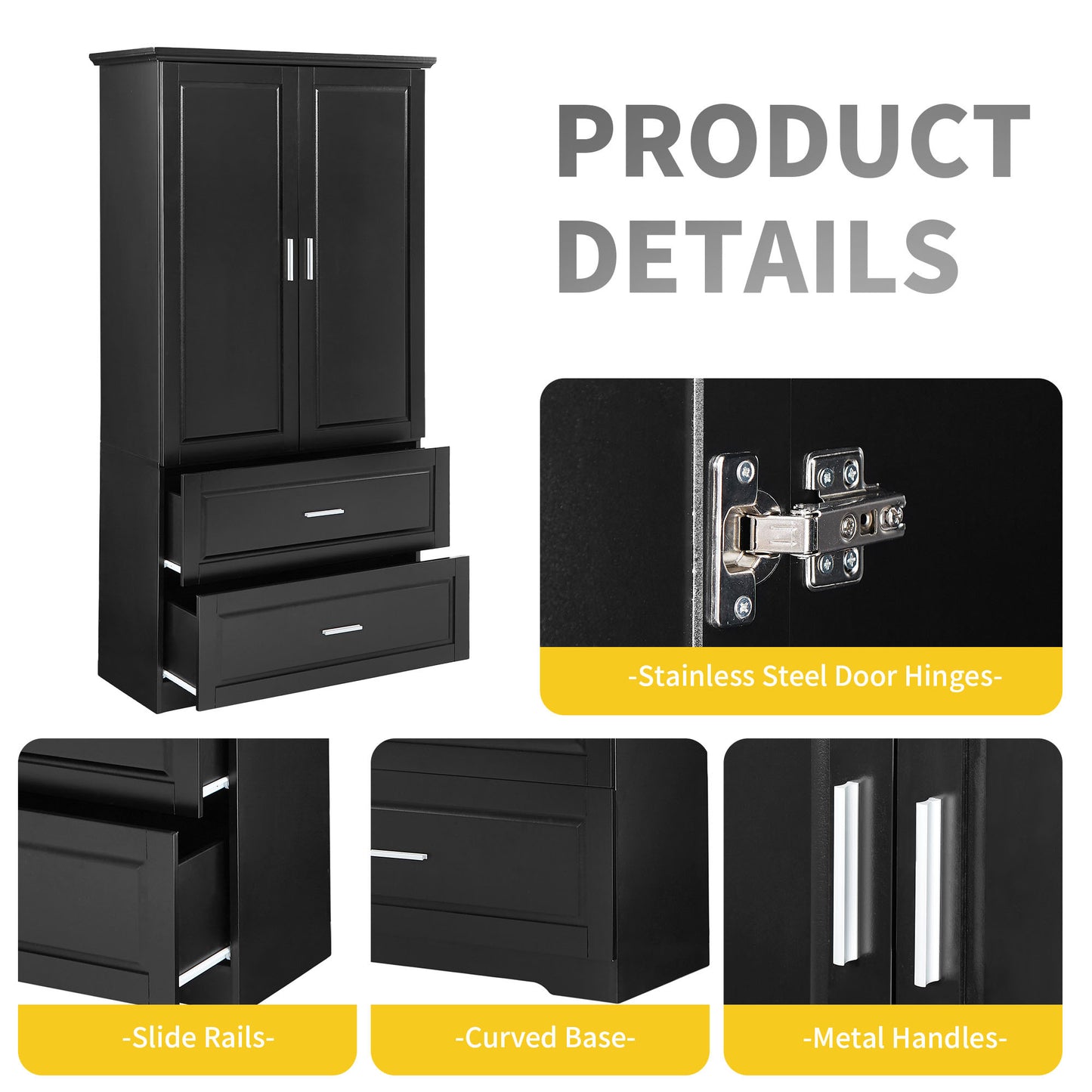 Black Tall Storage Cabinet with Adjustable Shelves, Doors, and Drawers - MDF Construction