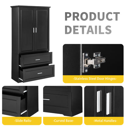 Black Tall Storage Cabinet with Adjustable Shelves, Doors, and Drawers - MDF Construction