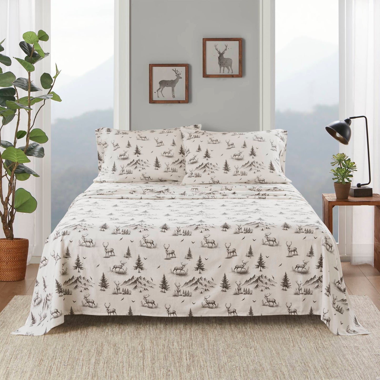 Queen 4-Piece Cotton Flannel Sheet Set - Deer Toile Multicolor Pattern, Fitted Sheet Fits 14" Deep, Gray