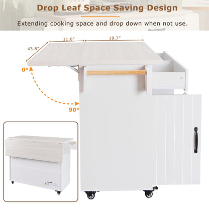 Rolling White Kitchen Island with Drop Leaf and Tilt-out Trash Can Storage, Spice Rack & Towel Rack