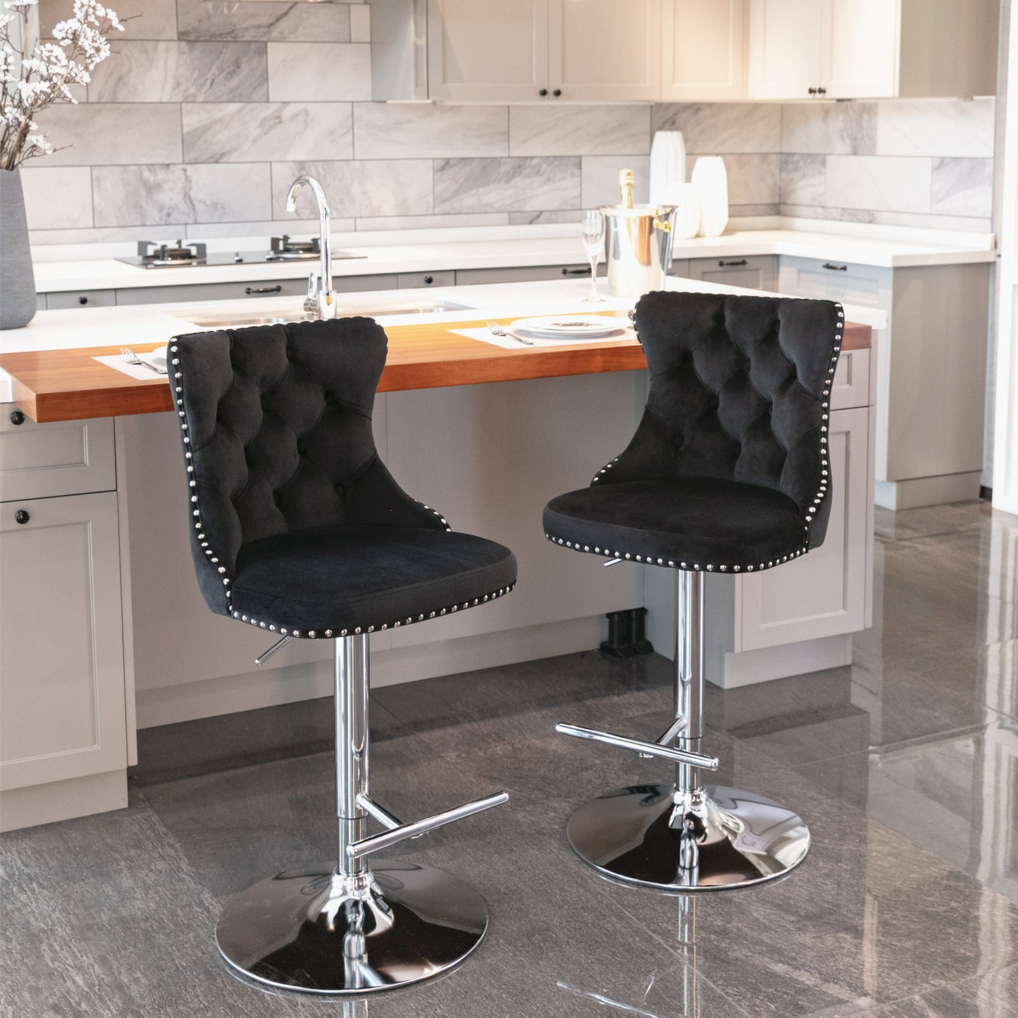 Adjustable Swivel Velvet Bar Stools Set of 2 Black Chrome