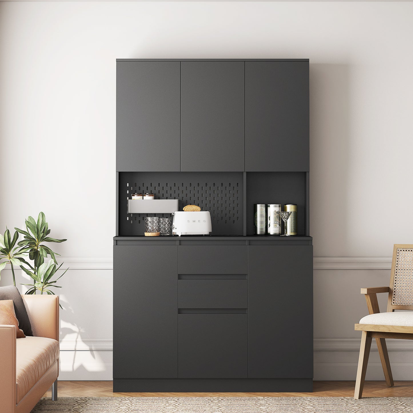 Elegant 74" Black Kitchen Pantry Cabinet with Versatile Storage Solutions, 6 Doors, 3 Shelves & 2 Drawers, Perfect for Kitchen, Laundry, or Craft Room