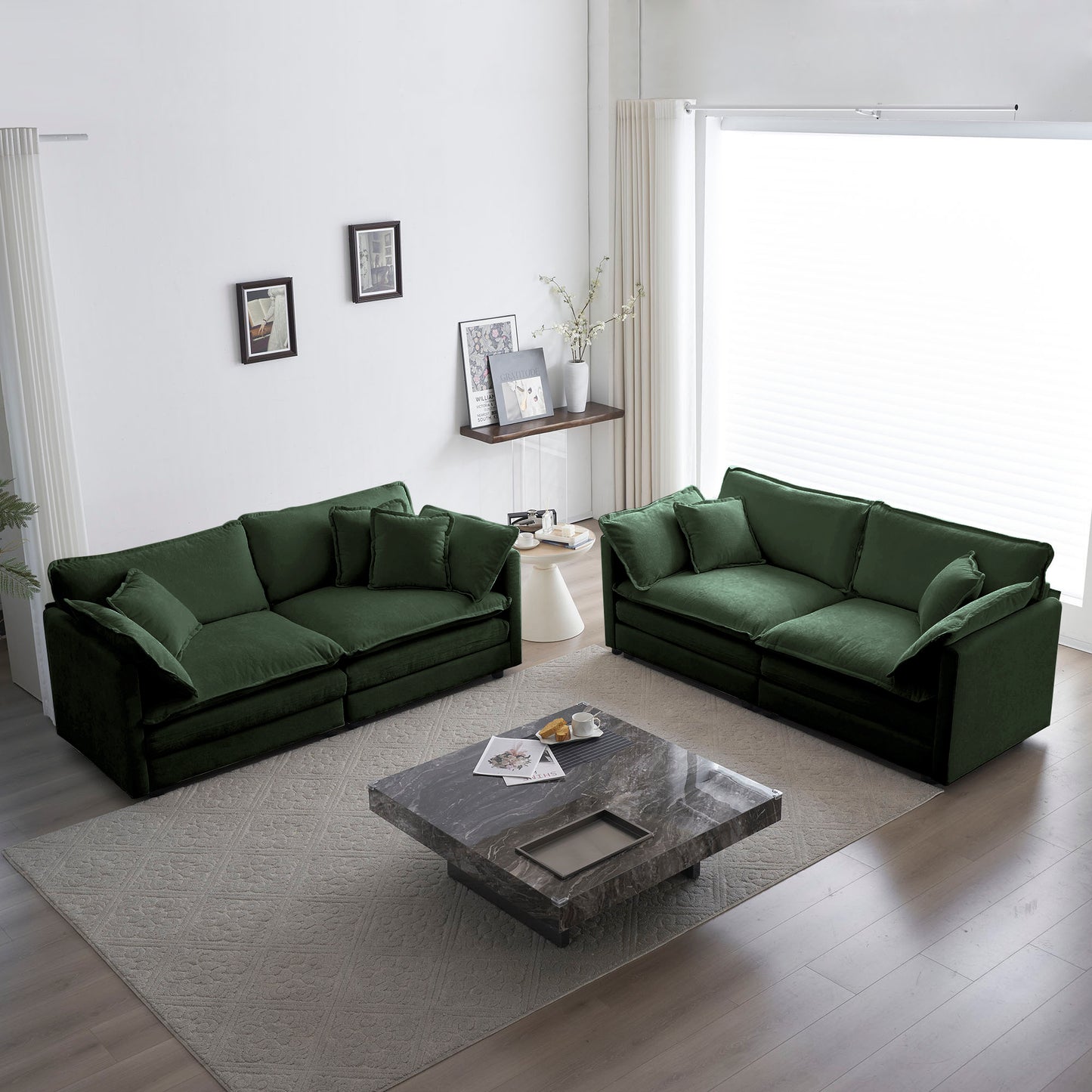 2-Piece Sofa Set: 2-Seater Loveseat and Sofa, Modular, Chenille, Living Room/Office, Easy Assembly, Green