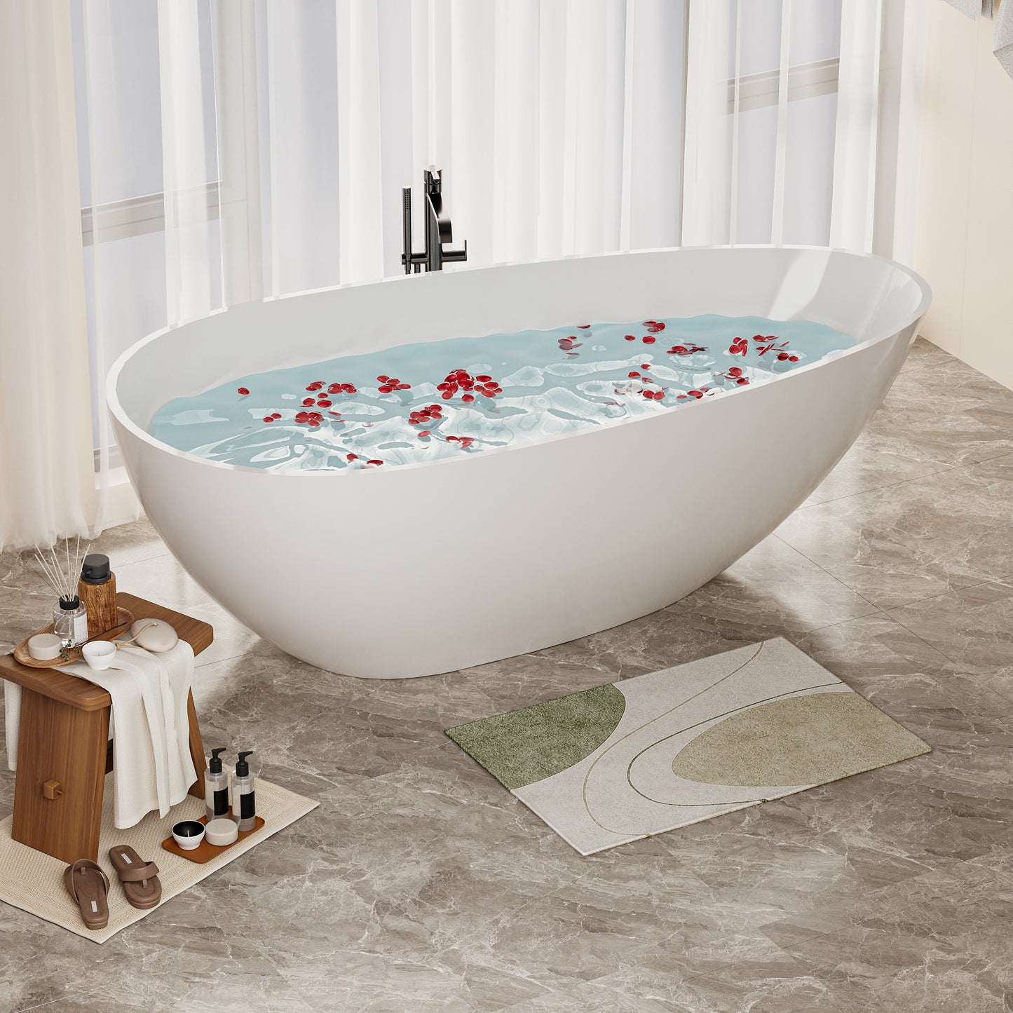 Luxury 59" Freestanding Soaking Bathtub in Glossy White - Handcrafted Solid Surface Design with Efficient Drain System