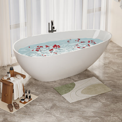 Luxury 59" Freestanding Soaking Bathtub in Glossy White - Handcrafted Solid Surface Design with Efficient Drain System