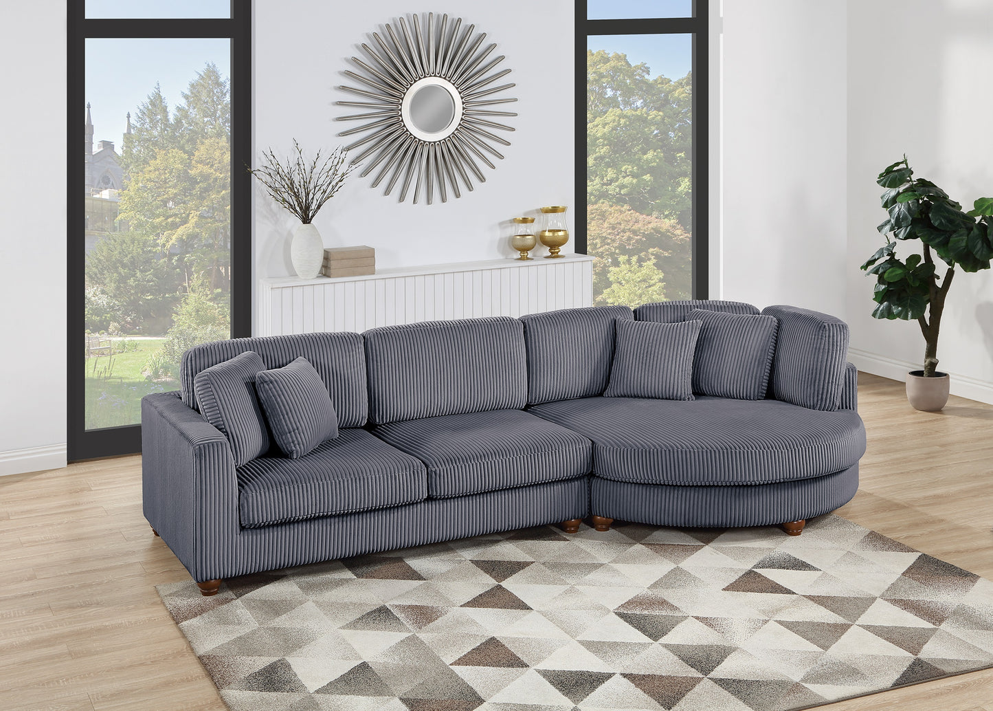 XL 2-Piece Sectional Sofa Set with Round Chaise, Corduroy Upholstery, LAF Sofa + RAF Chaise, Dark Gray