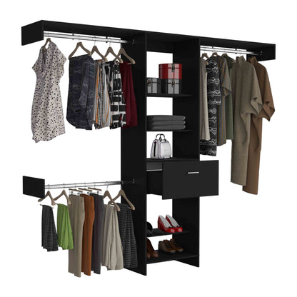 Manchester 250 Modern Closet Organizer with Five Shelves, One Drawer, and Three Metal Hanging Rods - Black