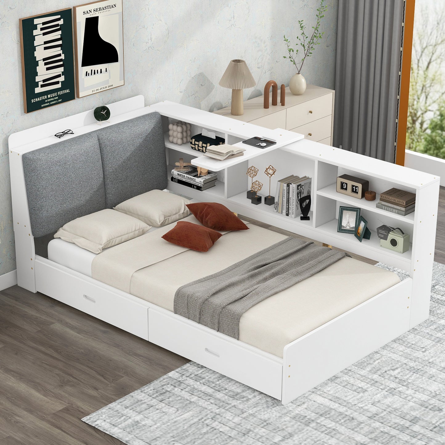 Elegant White Twin Size Platform Bed with Storage Headboard, Shelves, and Drawers