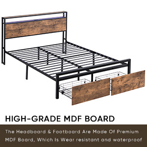 Modern Queen Bed Frame with LED Headboard, Integrated Charging Station & Storage Drawers – Sturdy Metal Platform, No Box Spring Required