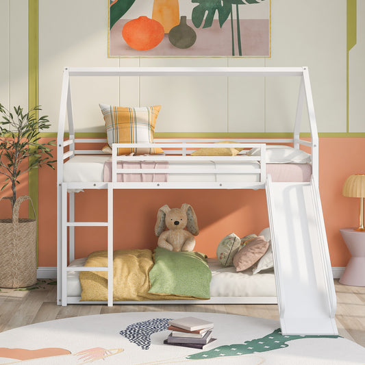 House-Themed Twin Over Twin Bunk Bed with Fun Slide and Ladder in White