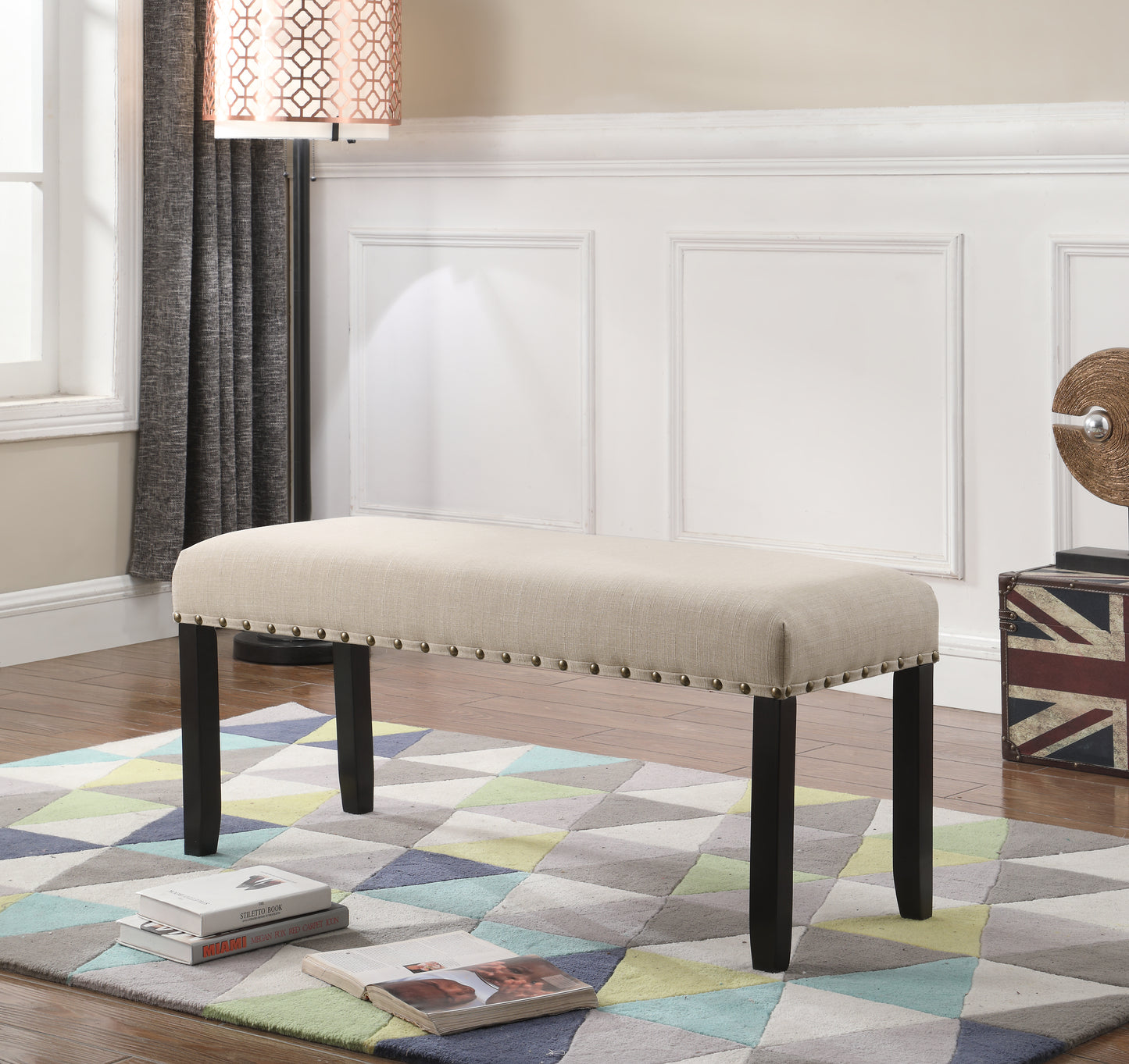 Dining Bench with Nailhead Trim, Linen-Cotton Upholstery, Solid Hardwood Legs, 44W x 16.5D x 19H, Tan