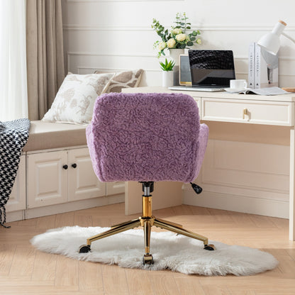 Violet Velvet Office Chair with Golden Base, Adjustable Swivel Design, Plush Artificial Alpaca Wool Upholstery, Ideal for Home and Vanity Use