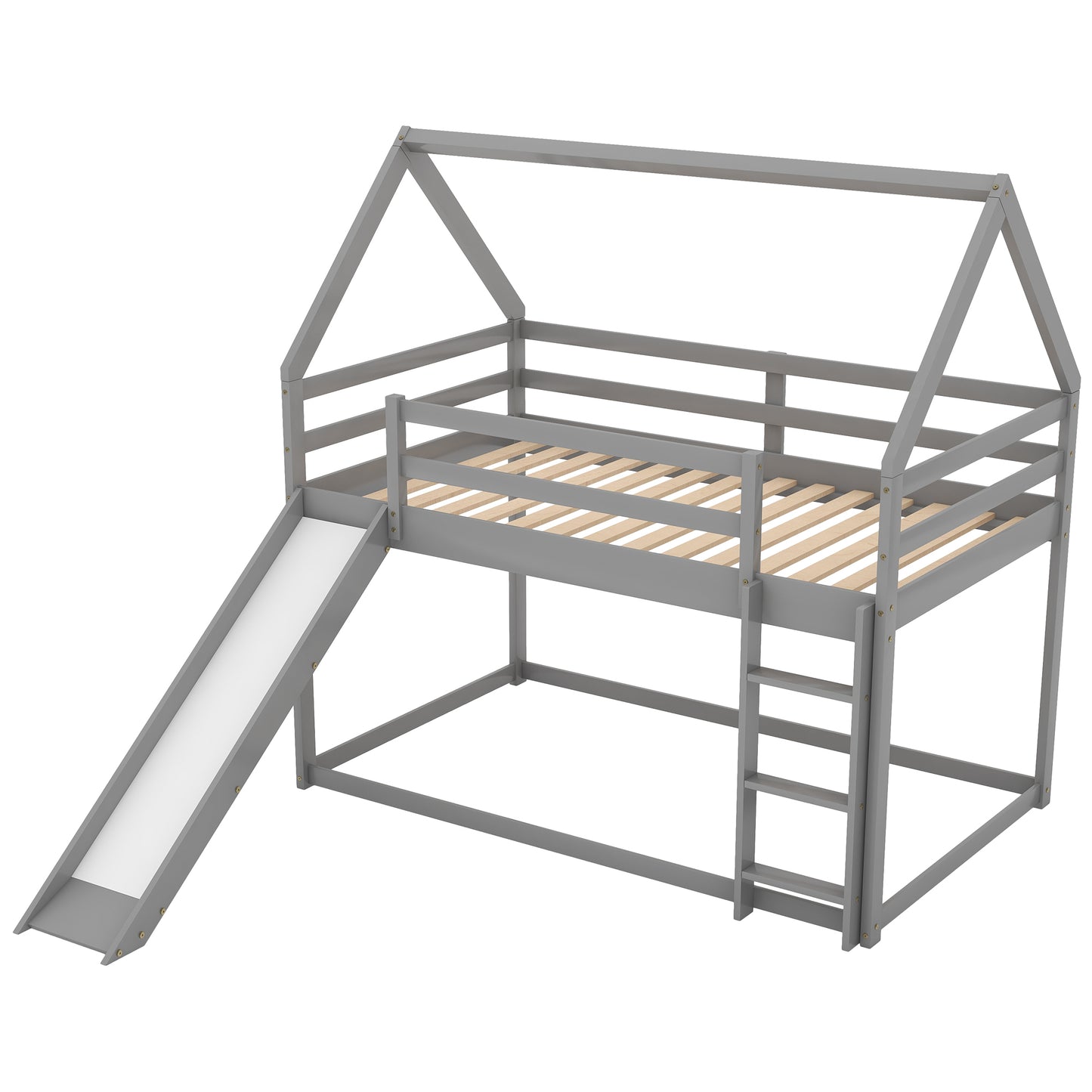 Gray Twin Bunk House Bed with Slide and Ladder for Kids