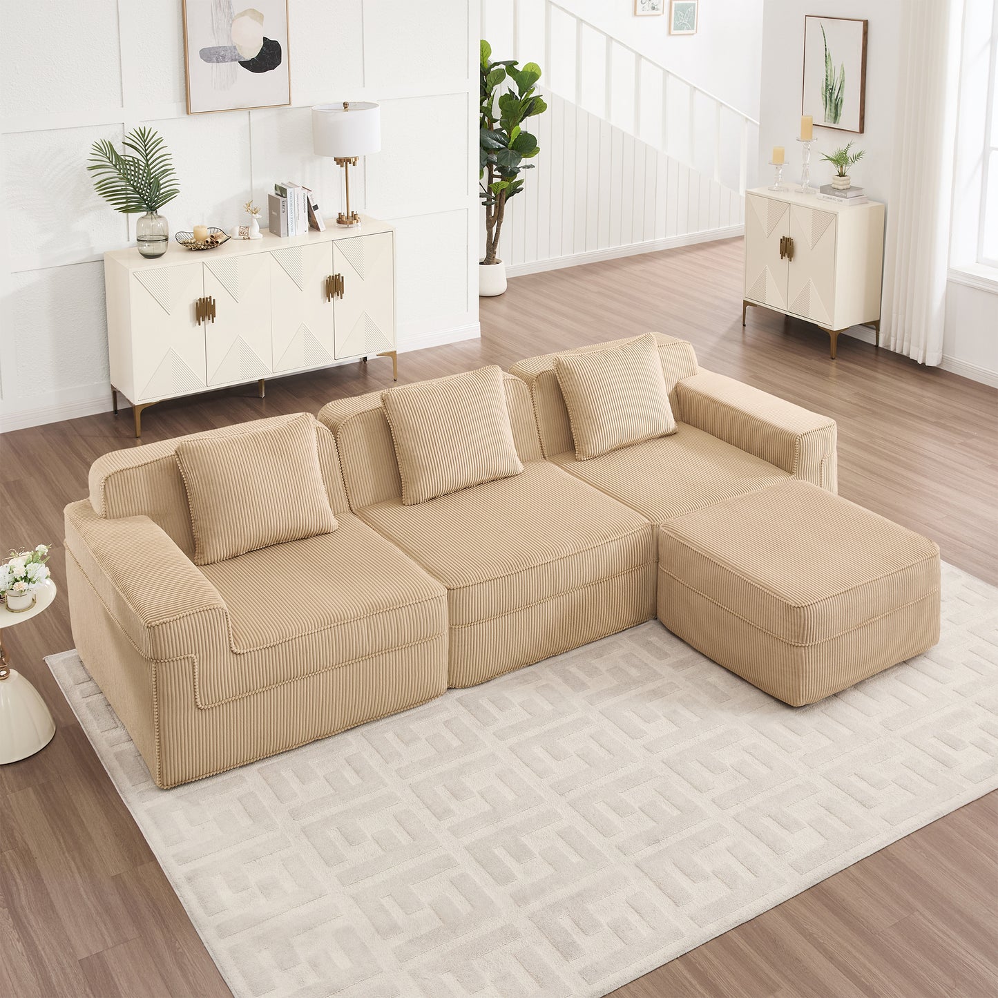 Modular L-Shape 3-Seat Sectional Sofa with Movable Ottoman, Deep-Seat Cloud Corduroy Couch, Pillows Camel