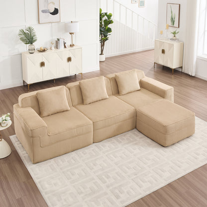 Modular 3-Seat L-Shape Sectional Sofa with Movable Ottoman, Deep-Seat Corduroy, Throw Pillows, Camel