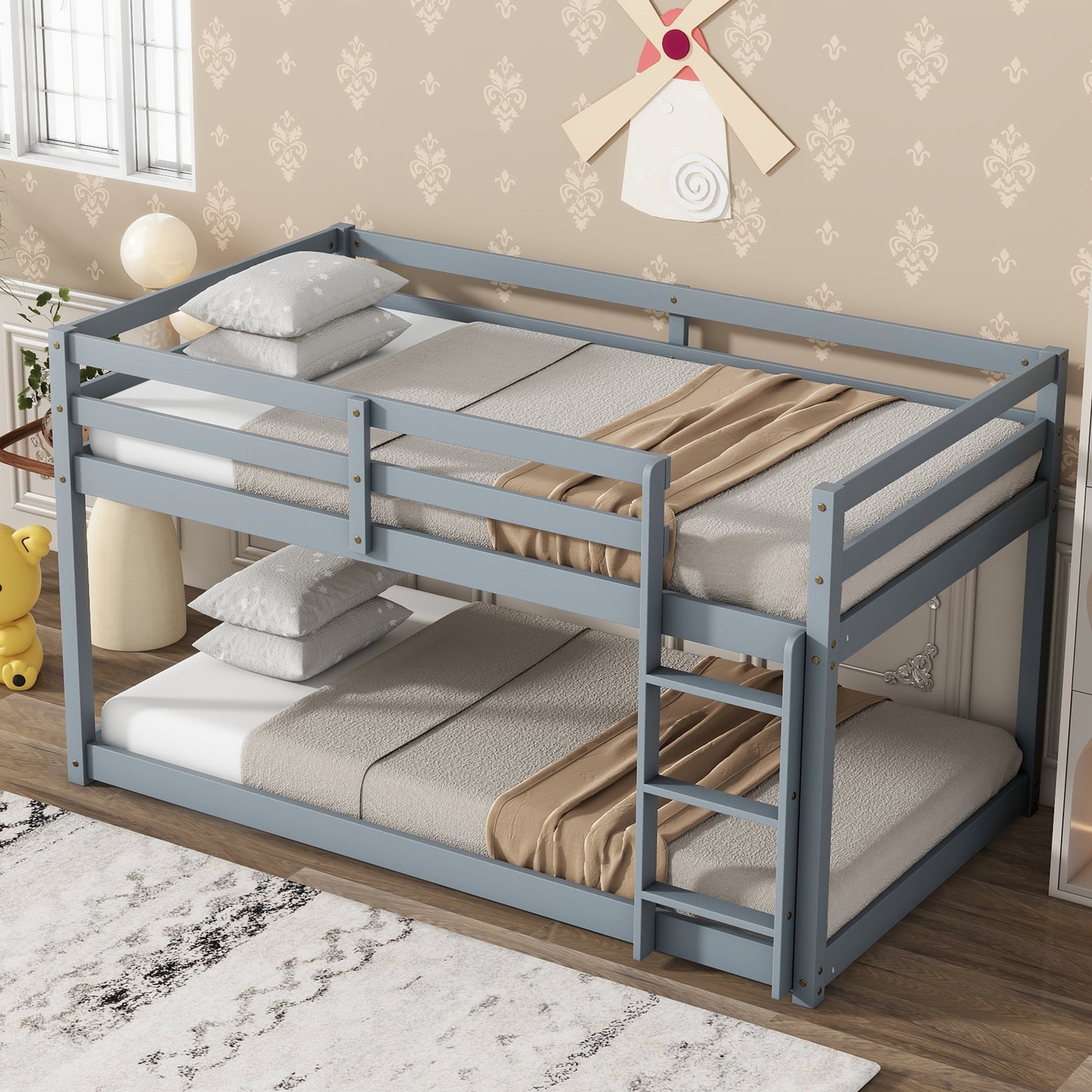 Durable Grey Twin over Twin Loft Bed with Ladder and Sturdy Slat Support
