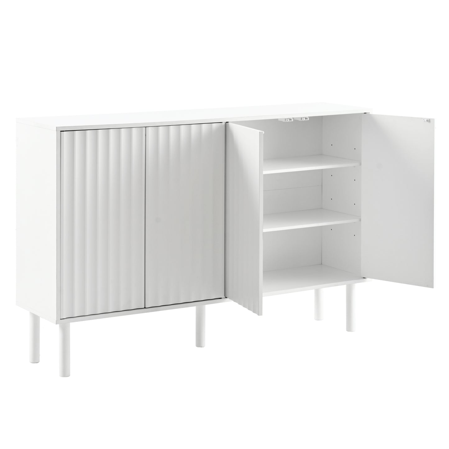 ON-TREND Minimalist Shoe Cabinet with 5 Solid Wood Legs, Cream Style Sideboard Buffet Cabinet with Fluted Doors, Large 4-Door Storage Cabinet with Adjustable Shelves for Living Room, White, 55.1*13.7"