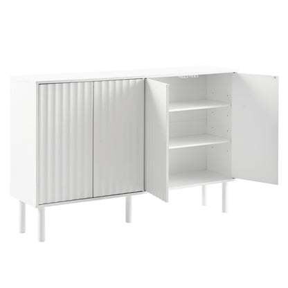 ON-TREND Minimalist Shoe Cabinet with 5 Solid Wood Legs, Cream Style Sideboard Buffet Cabinet with Fluted Doors, Large 4-Door Storage Cabinet with Adjustable Shelves for Living Room, White, 55.1*13.7"